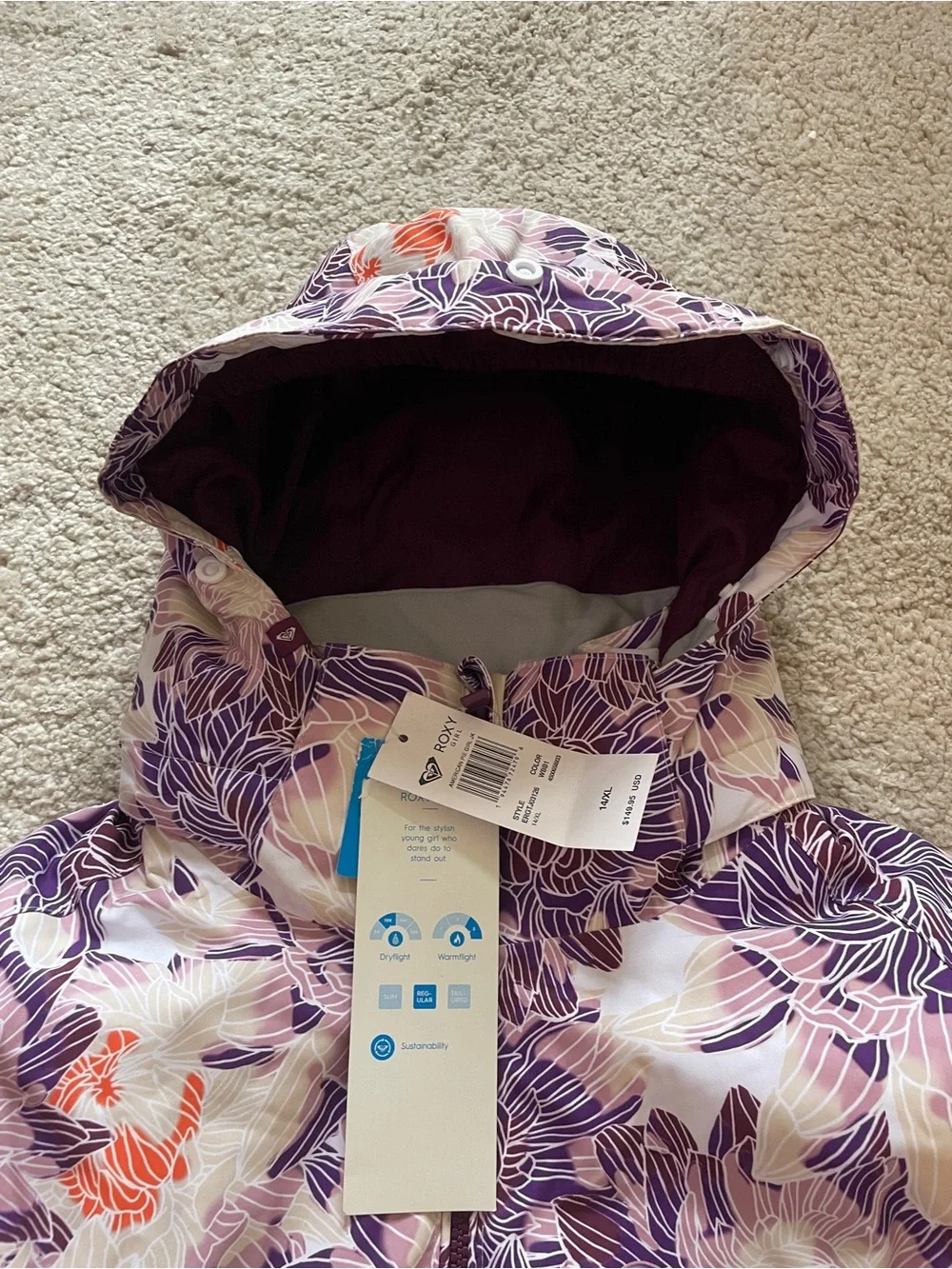 Roxy Floral Purple & Cream Ski Snow Jacket size 14 XL